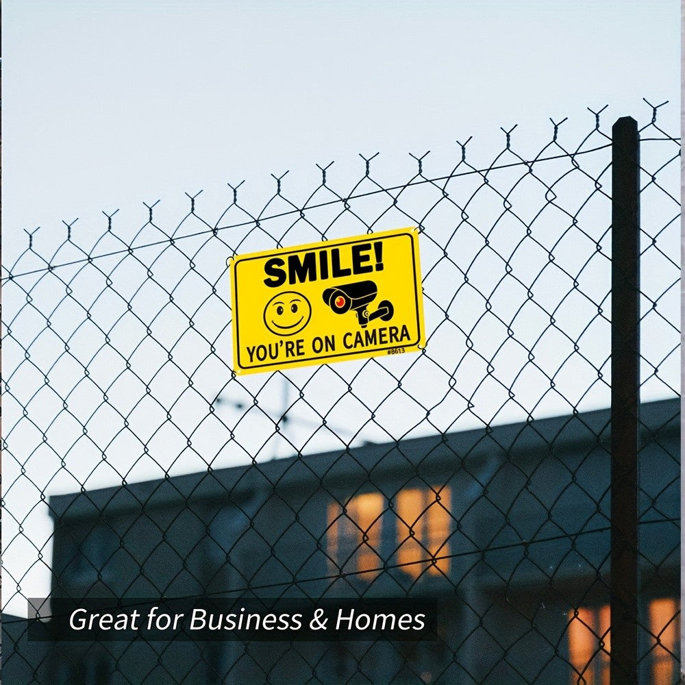 Smile Youre On Camera Tin Sign Yellow Security Metal Wall Art Surveillance Decor