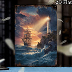 Lighthouse & Ship Metal Sign - Nautical Ocean Wall Art Tin Decor Plaque