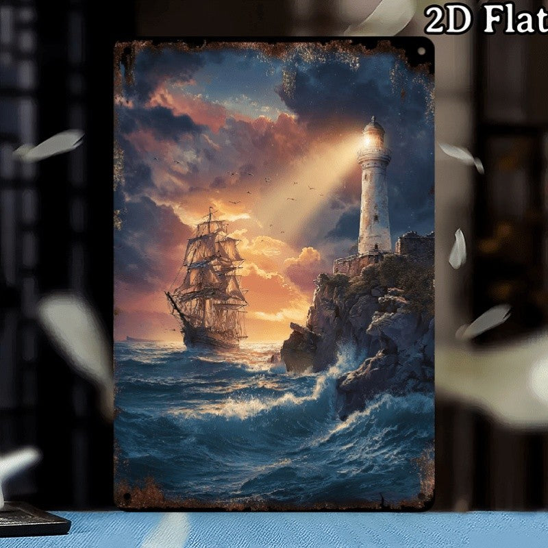 Lighthouse & Ship Metal Sign - Nautical Ocean Wall Art Tin Decor Plaque