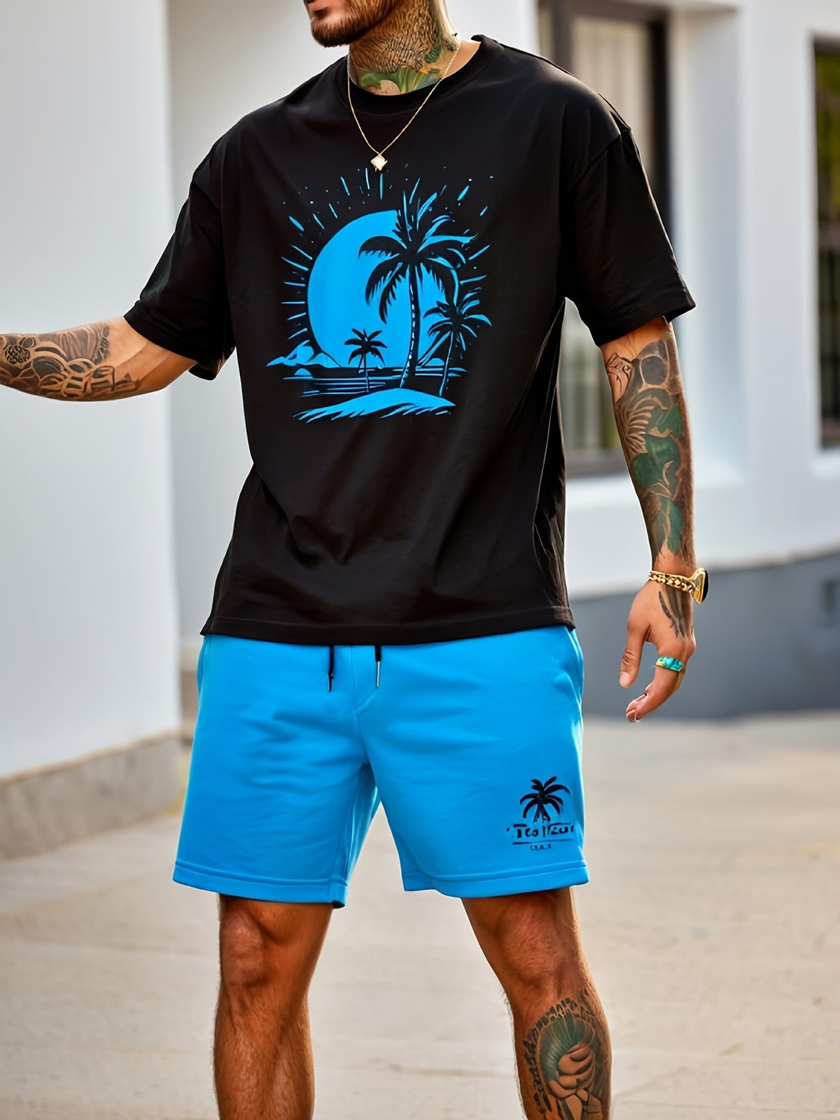 Tropical Palms Sunset Graphic Tee - Minimalist Blue Coastal Streetwear Shirt