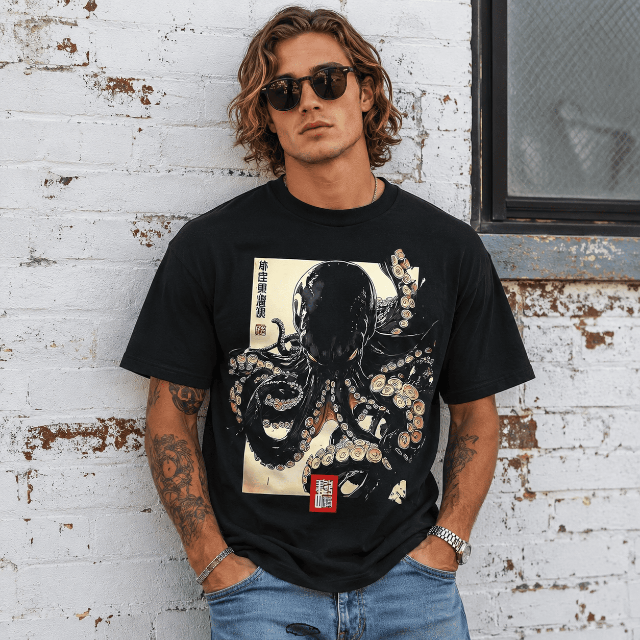 Japanese Octopus T Shirt Dark Art Print Graphic Streetwear Casual Tee Top