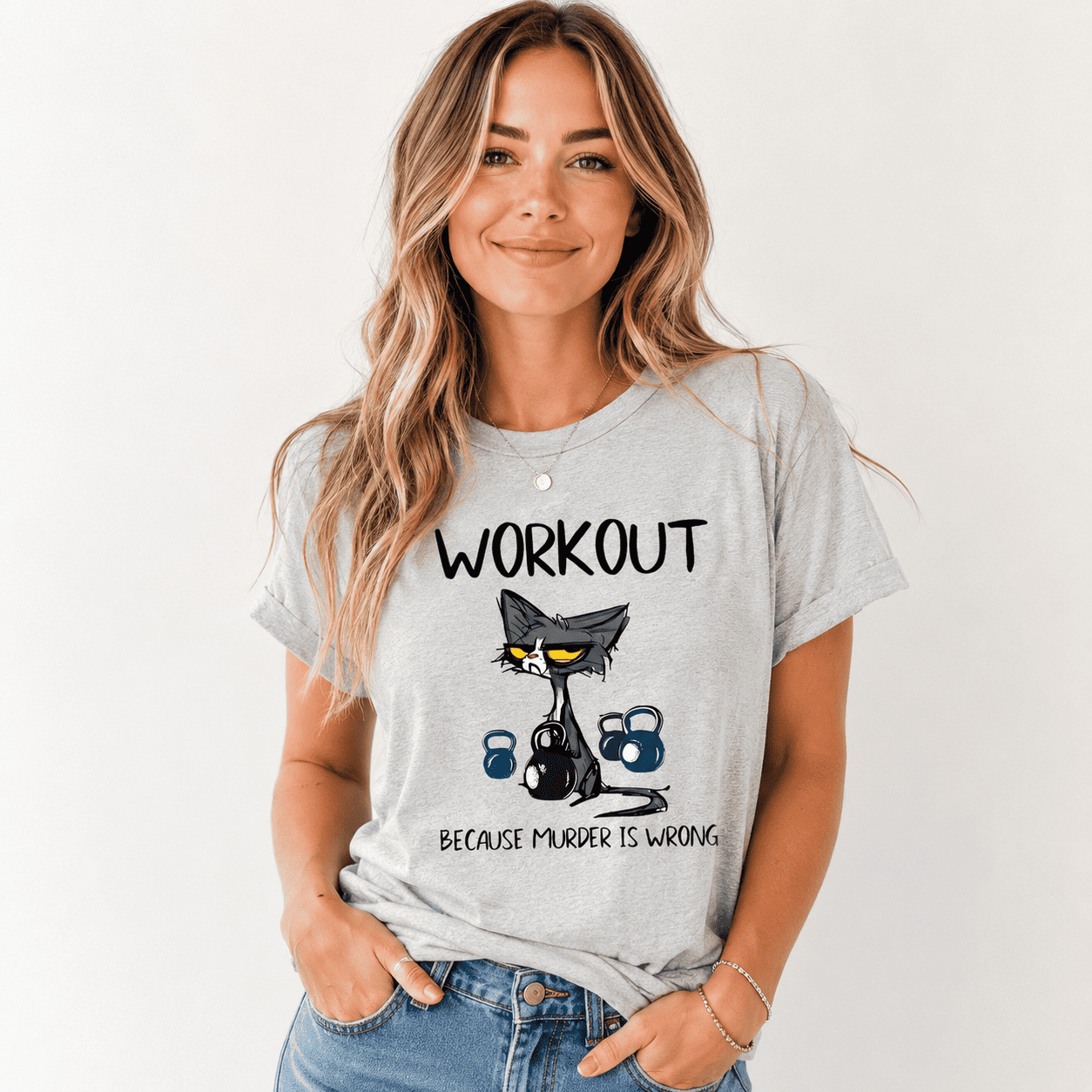 Women Funny Cat Kettlebell Graphic T-Shirt Gym Workout Lover Casual Tee Top