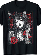 Anime Cyberpunk City T Shirt Gothic Roses Japanese Vintage Graphic Tee