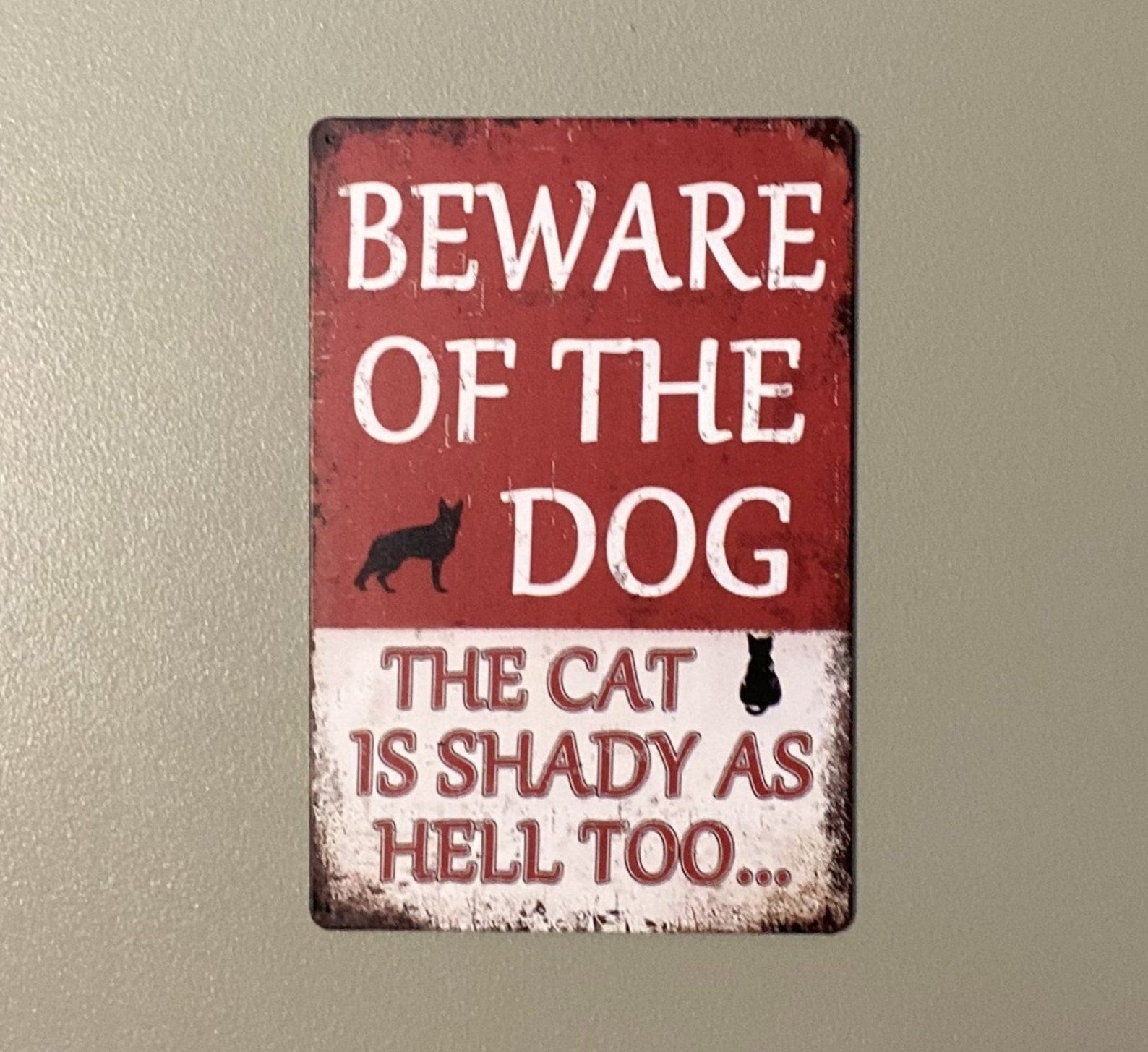 Beware Of Dog Cat Shady As Hell Funny Metal Tin Sign Wall Decor Plaque