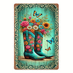 Floral Cowboy Boots Metal Sign - Retro Western Country Tin Wall Decor Plaque