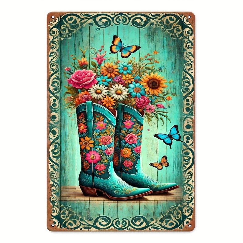 Floral Cowboy Boots Metal Sign - Retro Western Country Tin Wall Decor Plaque