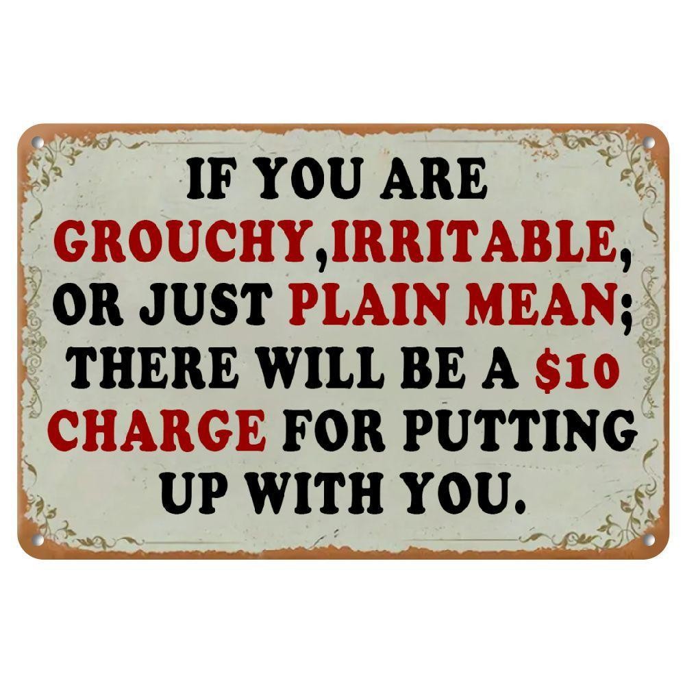 Funny Metal Sign - "$10 Charge For Grouchy People" Tin Wall Art Decor