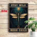 Stay Wild Moon Child Metal Sign - Artistic Dragonfly Tin Wall Decor Plaque