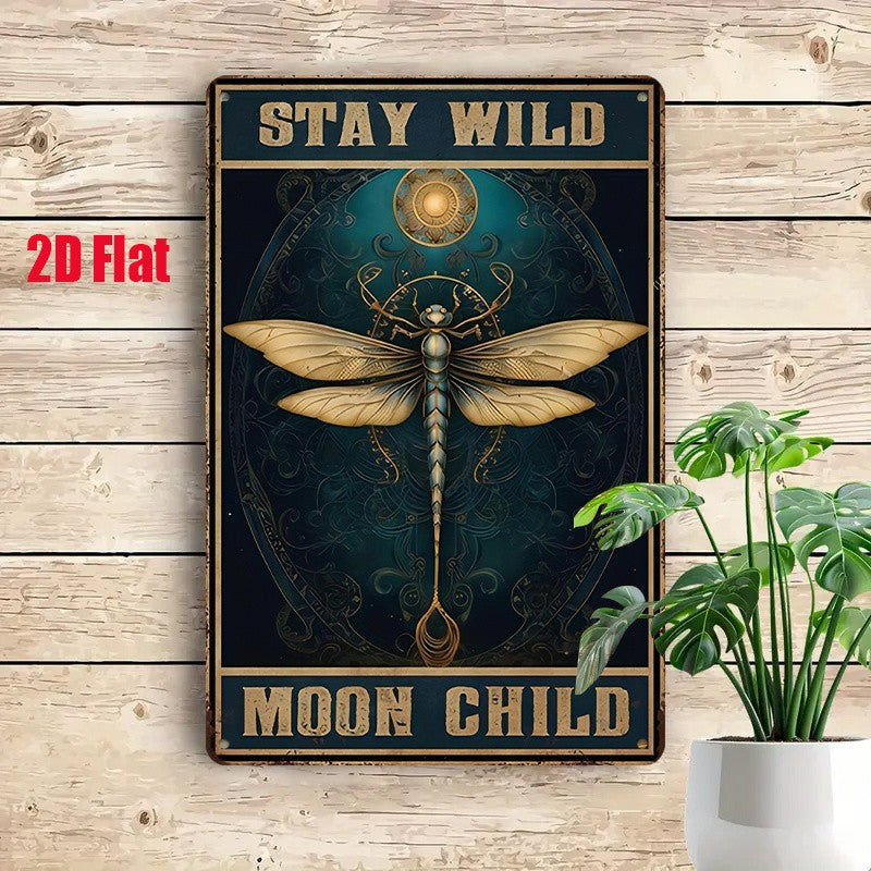 Stay Wild Moon Child Metal Sign - Artistic Dragonfly Tin Wall Decor Plaque
