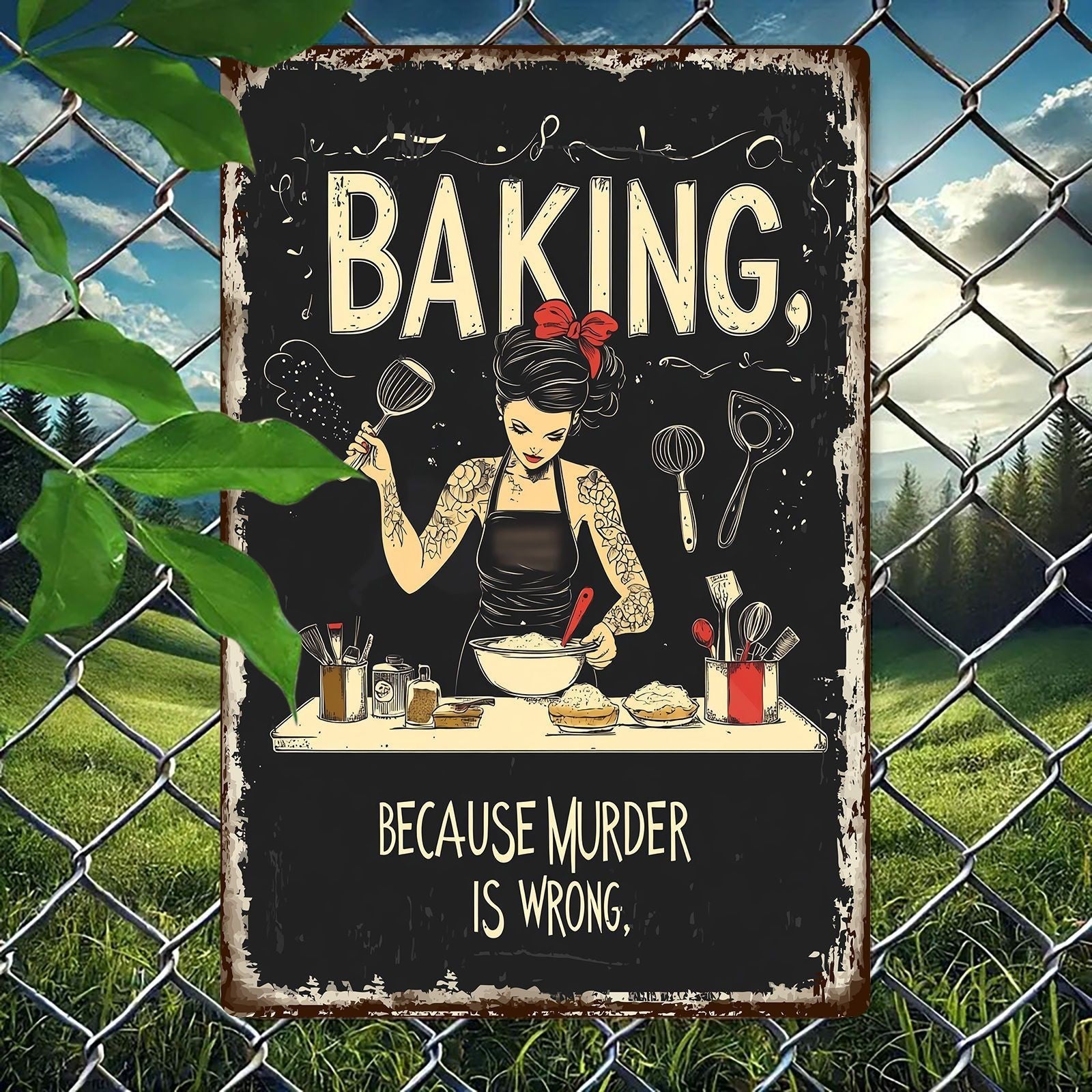 Baking Because Murder Is Wrong Metal Sign - Funny Kitchen Tin Wall Art