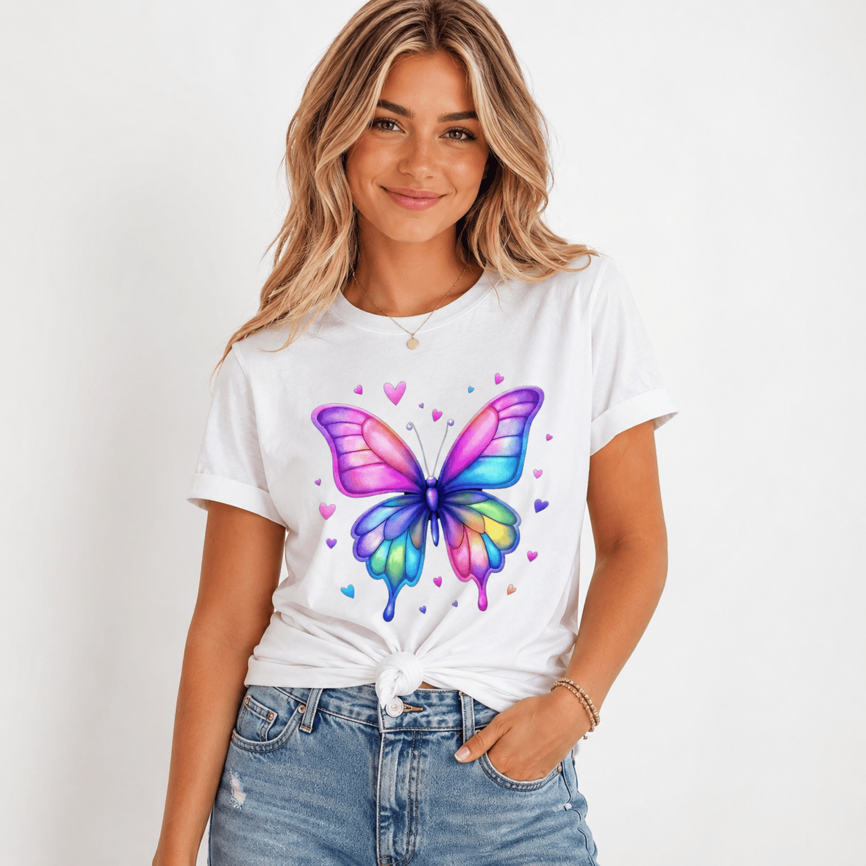 Women's Butterfly Heart Watercolor Graphic T-Shirt Colorful Summer Casual Tee