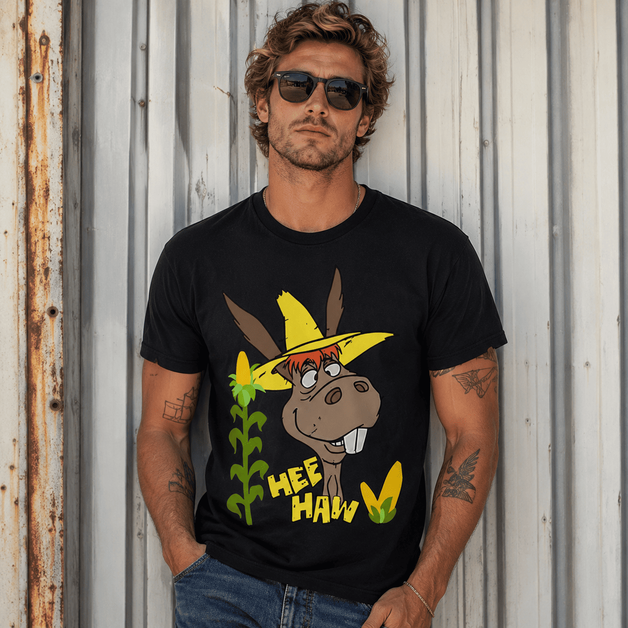 Funny Hee Haw Donkey Graphic T-Shirt Vintage Farm Animal Humor Casual Tee