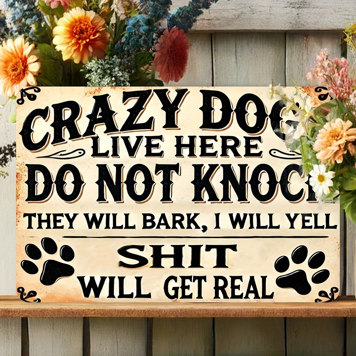 Crazy Dogs Live Here Tin Sign Funny Do Not Knock Metal Sign Dog Paw Wall Decor
