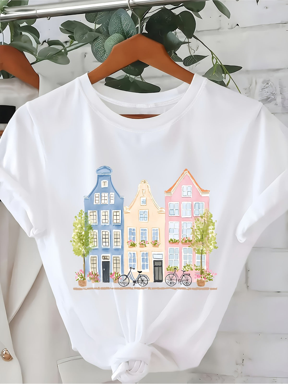 Women's Amsterdam Dutch Architecture Graphic T-Shirt Pastel Casual Tee Top