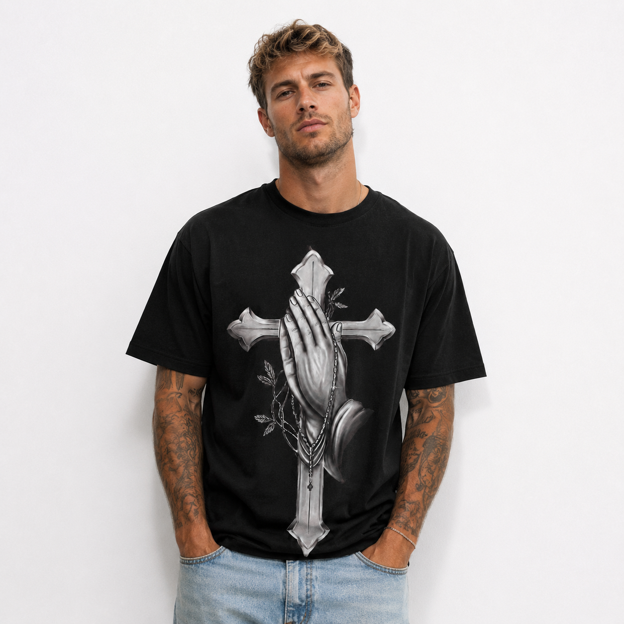 Praying Hands Cross Christian Graphic Men’s T-Shirt Religious Faith Tee