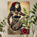 Tattoo Pin-Up Girl Metal Sign - Retro Traditional Ink Tin Wall Decor