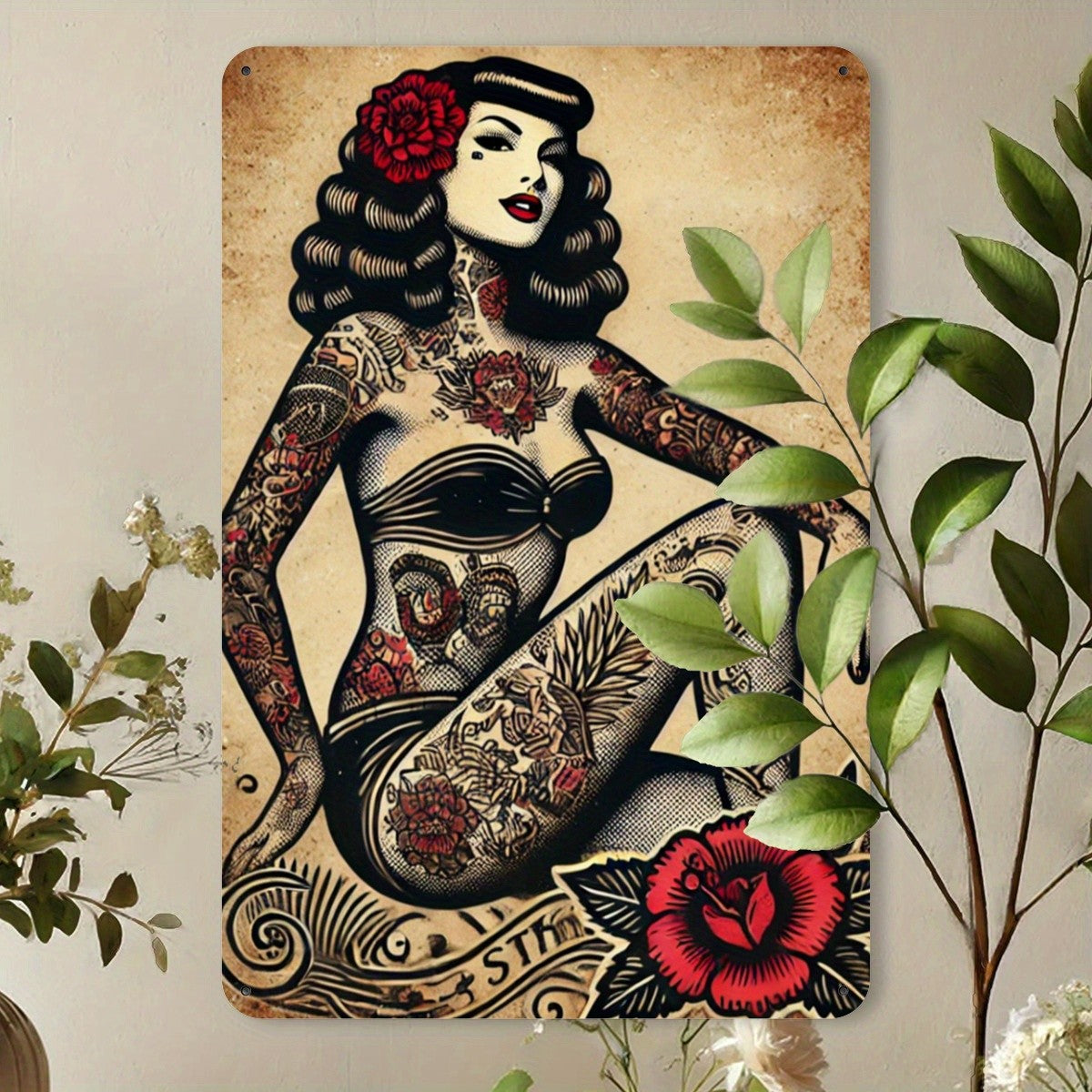 Tattoo Pin-Up Girl Metal Sign - Retro Traditional Ink Tin Wall Decor
