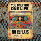 "One Life No Replays" Metal Sign - Retro Cassette Tape Tin Wall Art Decor