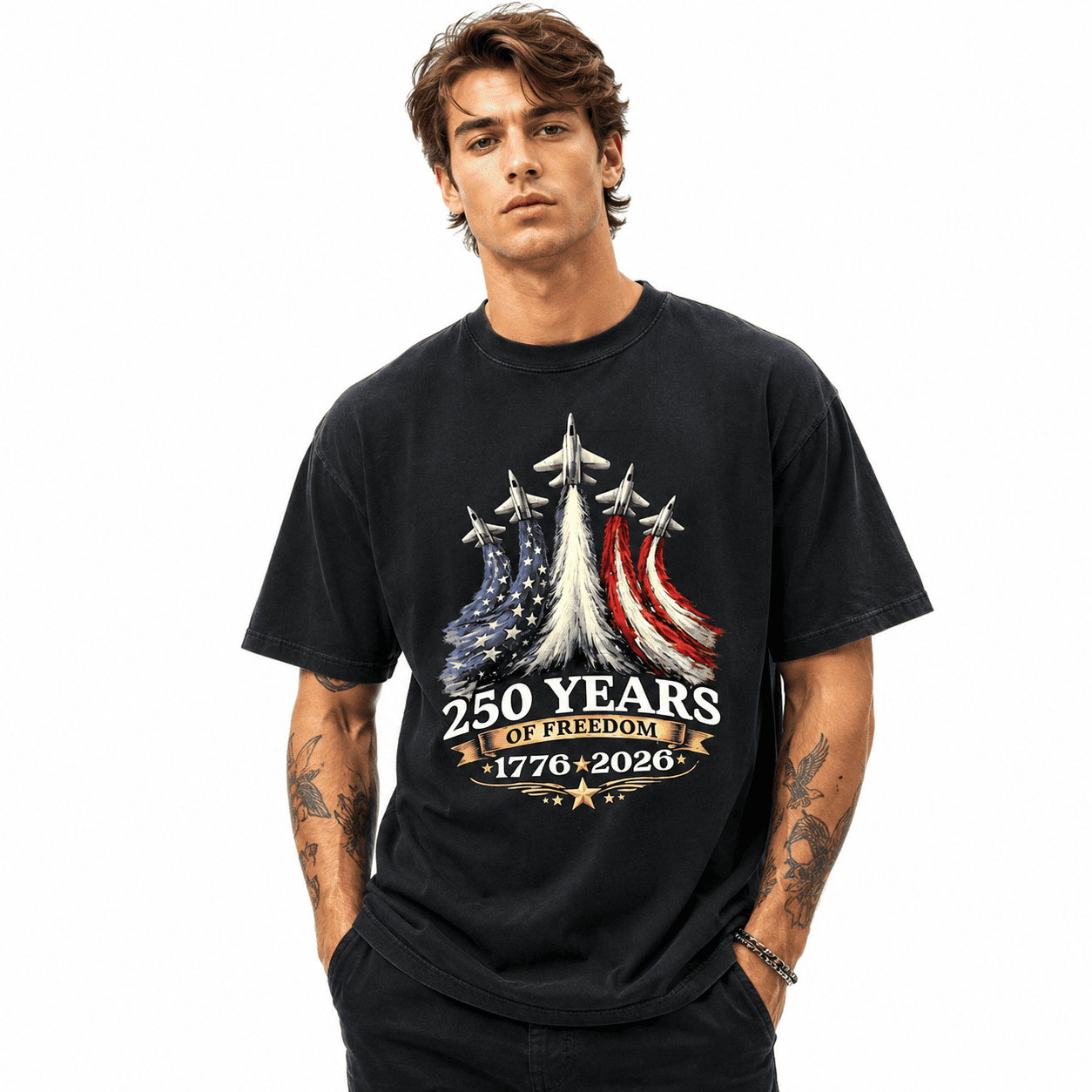 USA 250th Anniversary Fighter Jet Flag Patriotic Independence T-Shirt