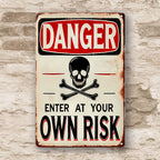 Vintage Danger Enter At Your Own Risk Metal Tin Sign - Retro Skull Tin Plaque