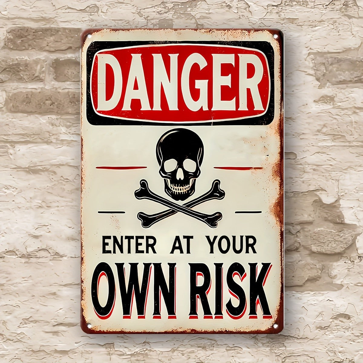 Vintage Danger Enter At Your Own Risk Metal Tin Sign - Retro Skull Tin Plaque