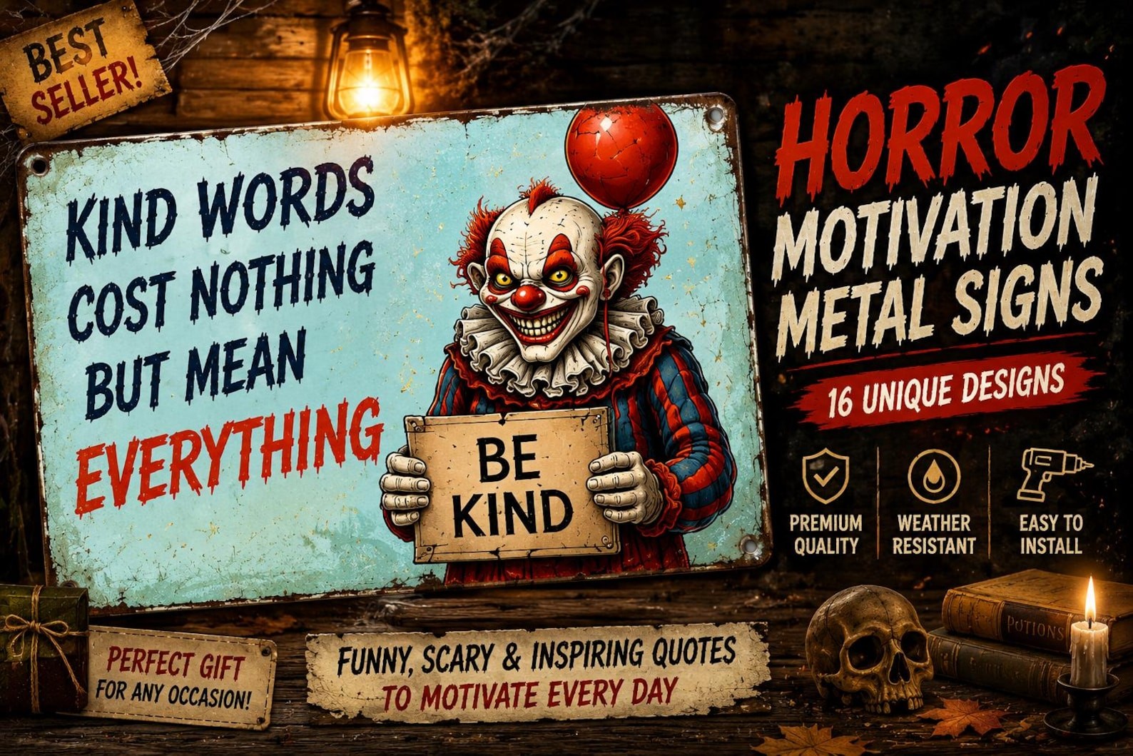 Horror Motivation Metal Sign, Vintage Clown Gothic Decor, Funny Scary Quotes