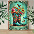 Floral Cowboy Boots Metal Sign - Retro Western Country Tin Wall Decor Plaque