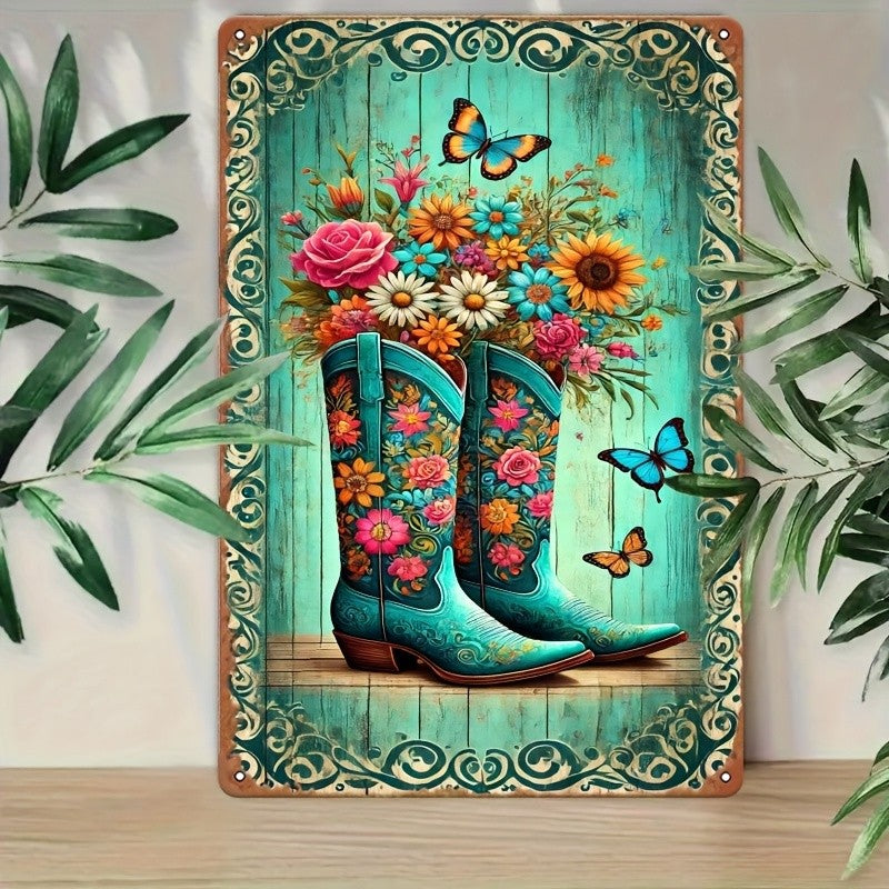 Floral Cowboy Boots Metal Sign - Retro Western Country Tin Wall Decor Plaque