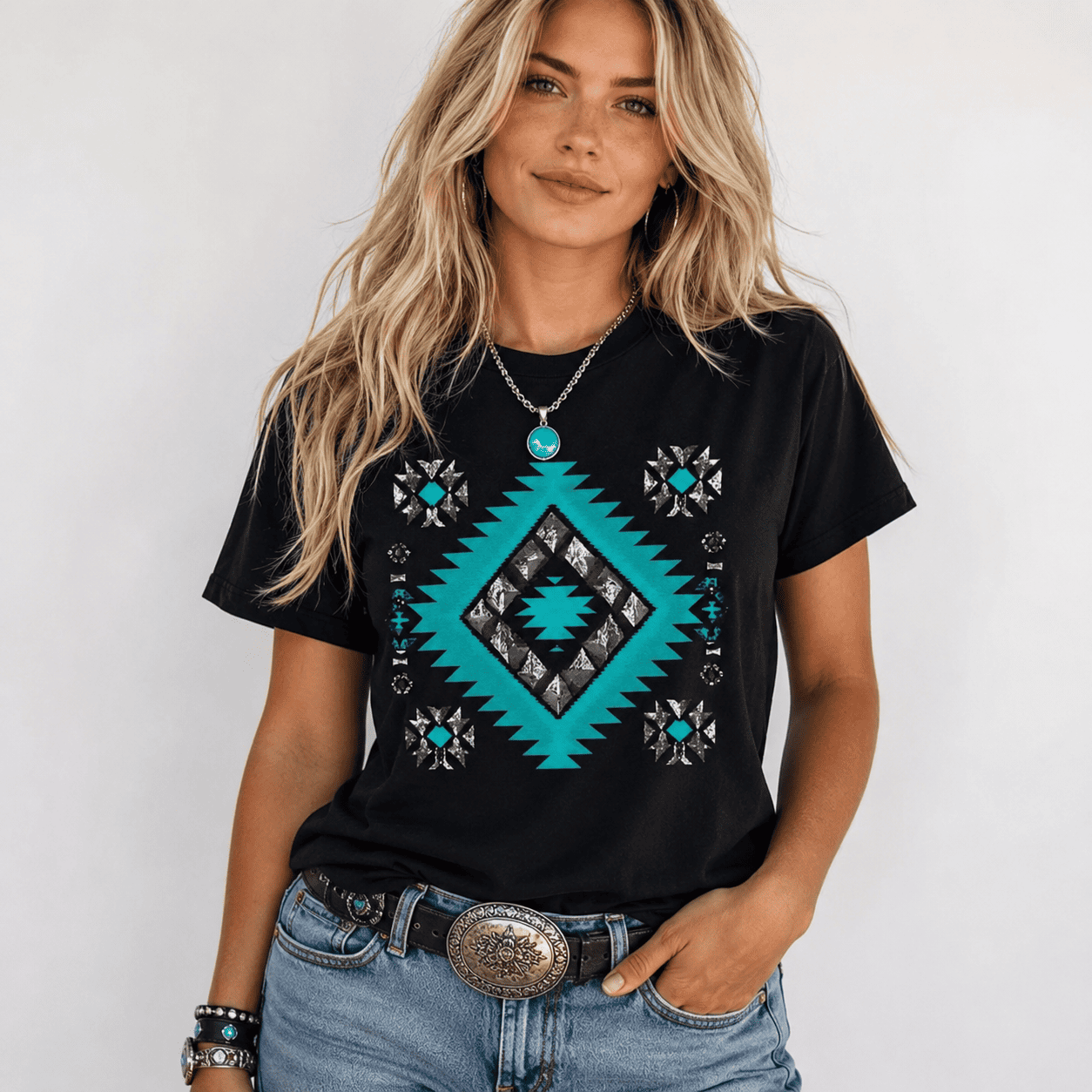 Women Southwestern Green Diamond Graphic T-Shirt Casual Summer Tee