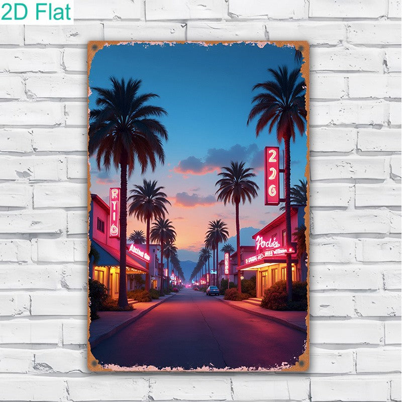 Tropical Sunset Street Metal Sign - Vintage Palm Tree Tin Wall Art Decor
