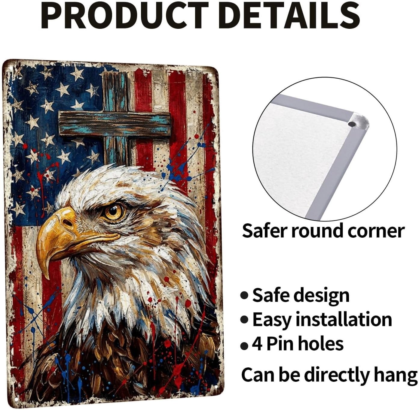 Vintage American Flag Eagle Cross Metal Sign Patriotic USA Wall Decor Art