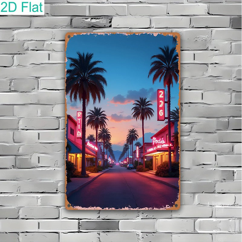 Tropical Sunset Street Metal Sign - Vintage Palm Tree Tin Wall Art Decor