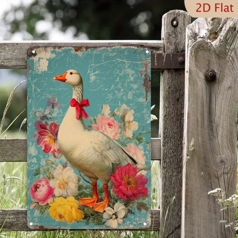 Floral Goose Metal Sign - Vintage Style Country Tin Wall Art Plaque