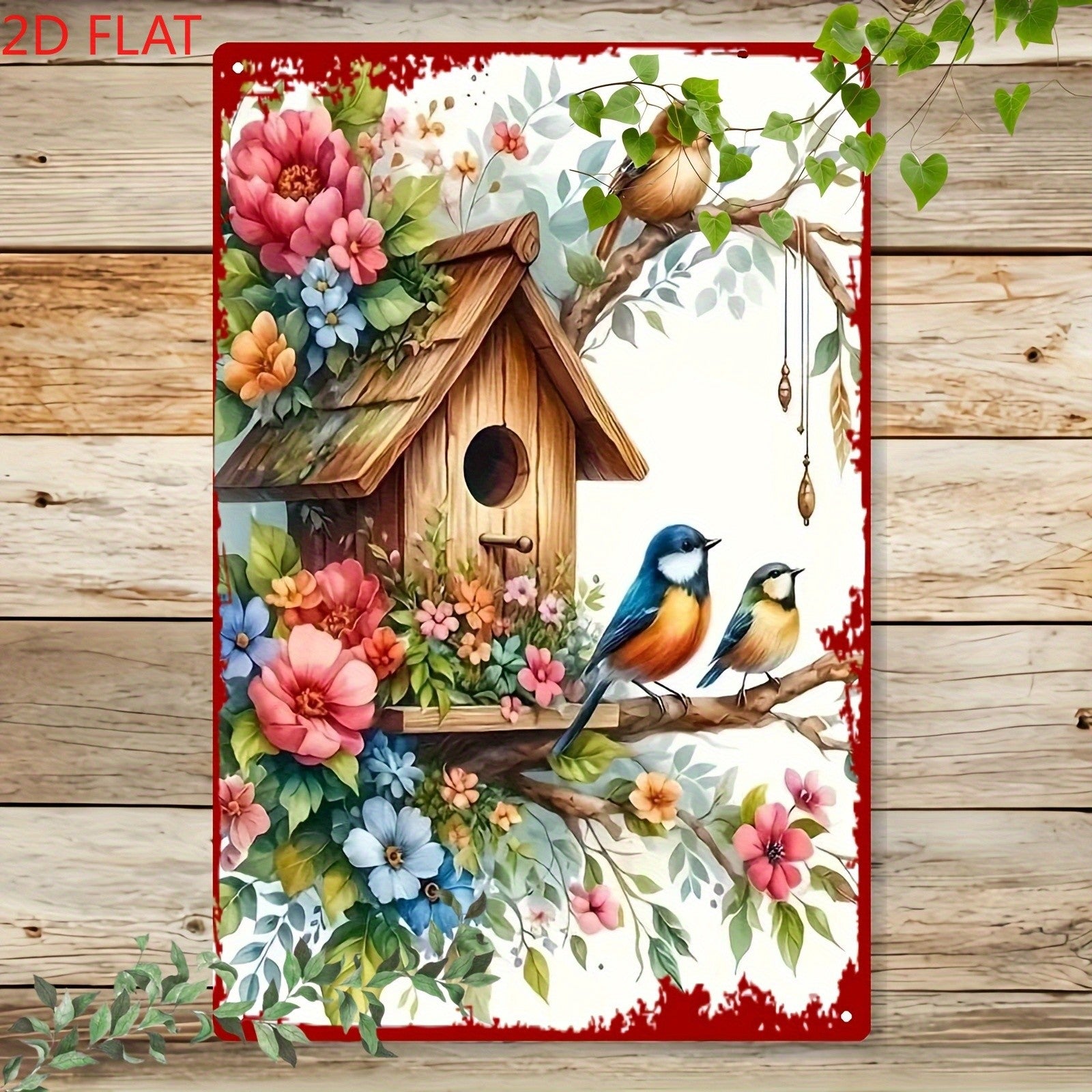 Cottagecore Wildflower Bird Tin Sign - Shabby Chic Watercolor Metal Poster