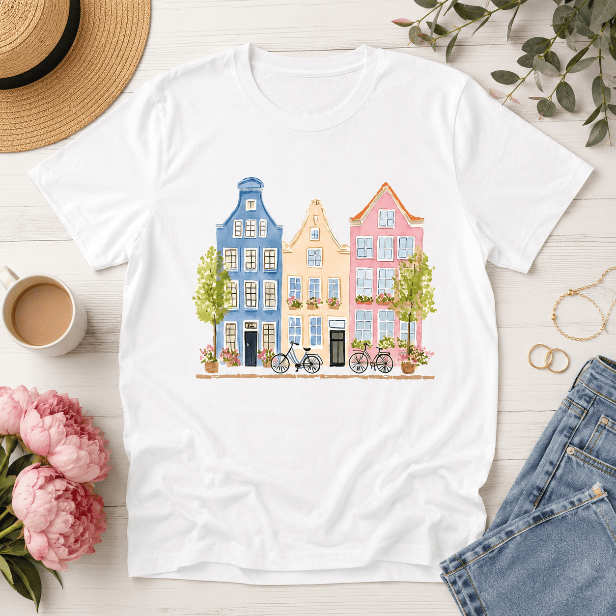 Women's Amsterdam Dutch Architecture Graphic T-Shirt Pastel Casual Tee Top