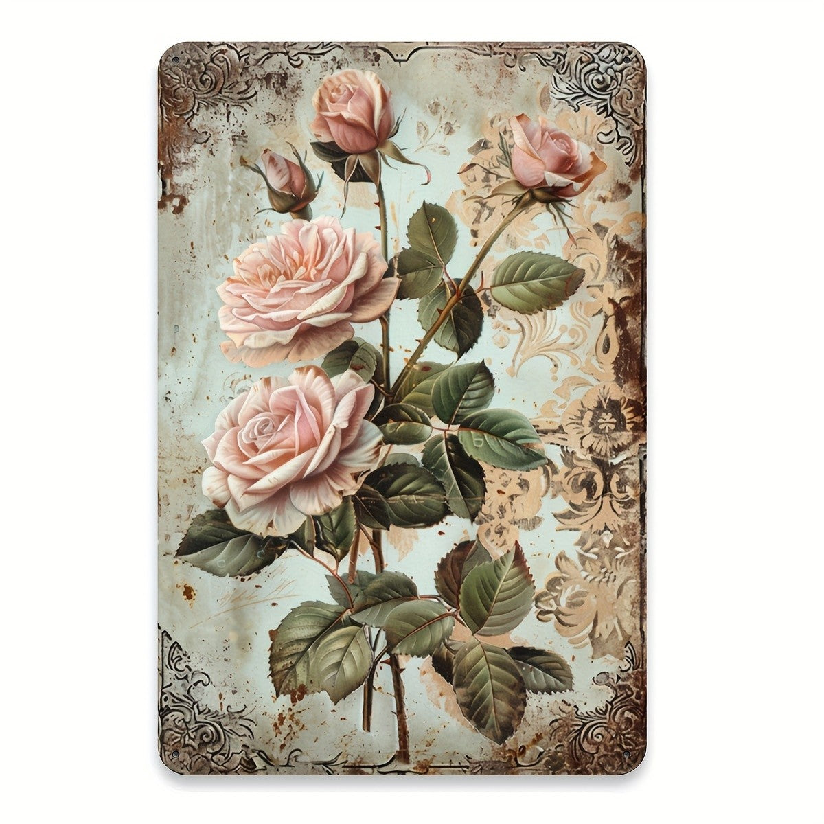 Vintage Pink Roses Metal Sign Retro Victorian Floral Botanical Wall Decor