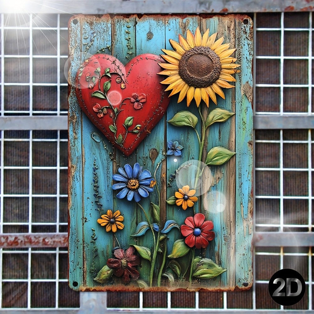 Rustic Sunflower Red Heart Metal Sign - 3D Wood Effect Floral Tin Decor