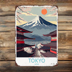 Classic Japan Travel Tin Sign - Mt Fuji and Temple Wall Art Metal Poster