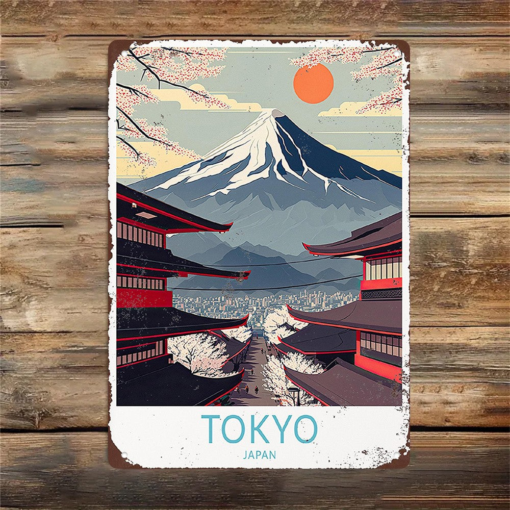 Classic Japan Travel Tin Sign - Mt Fuji and Temple Wall Art Metal Poster