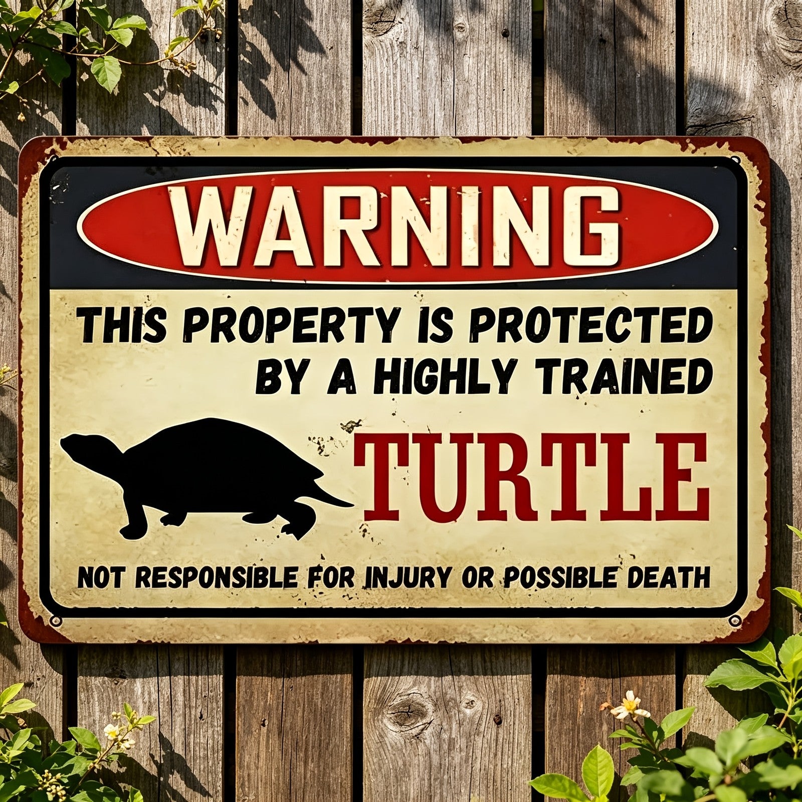 Protected By Turtle Tin Sign Funny Property Security Warning Metal Wall Decor