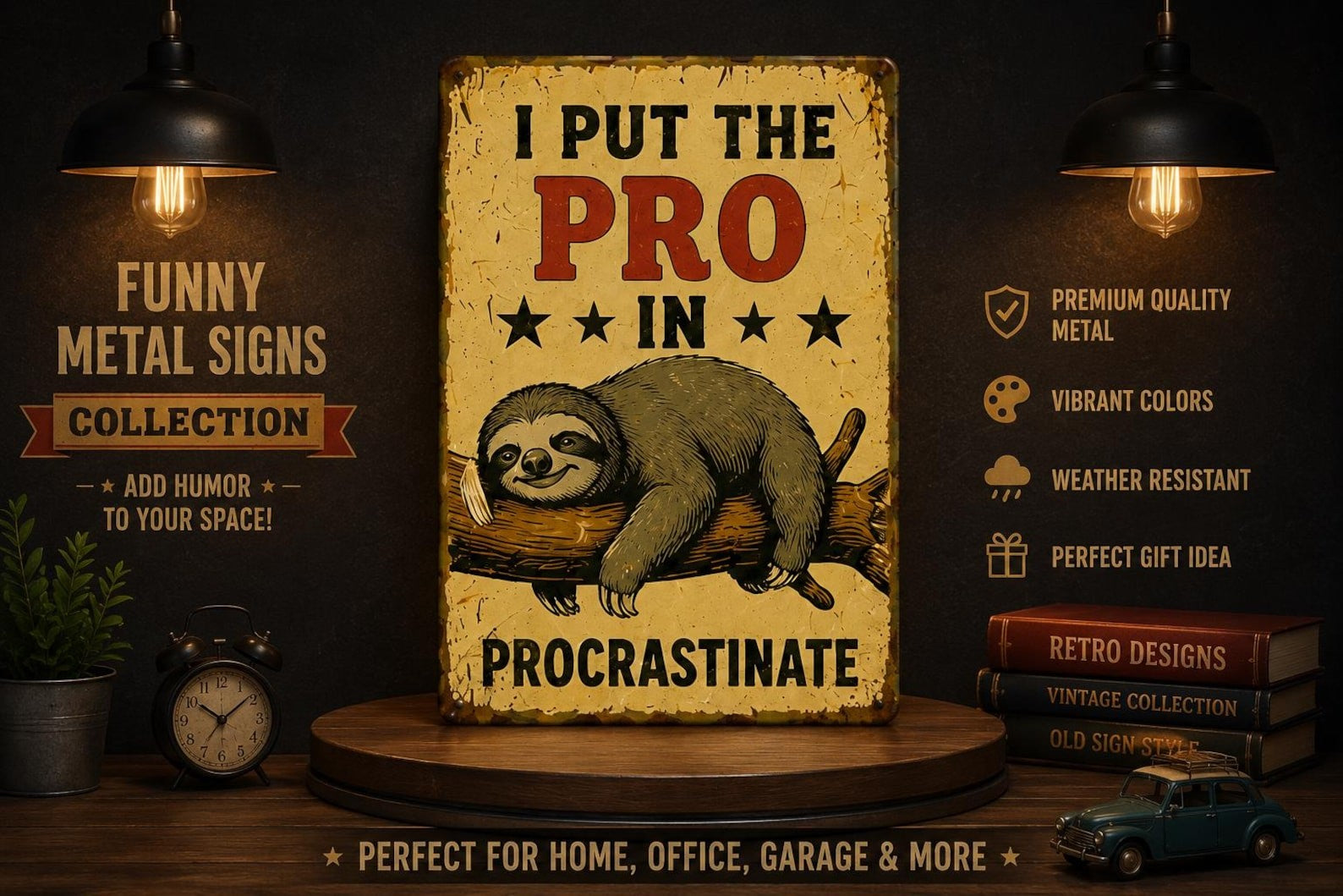 Funny Sloth Metal Sign Retro Procrastination Humor Plaque Office Wall Decor