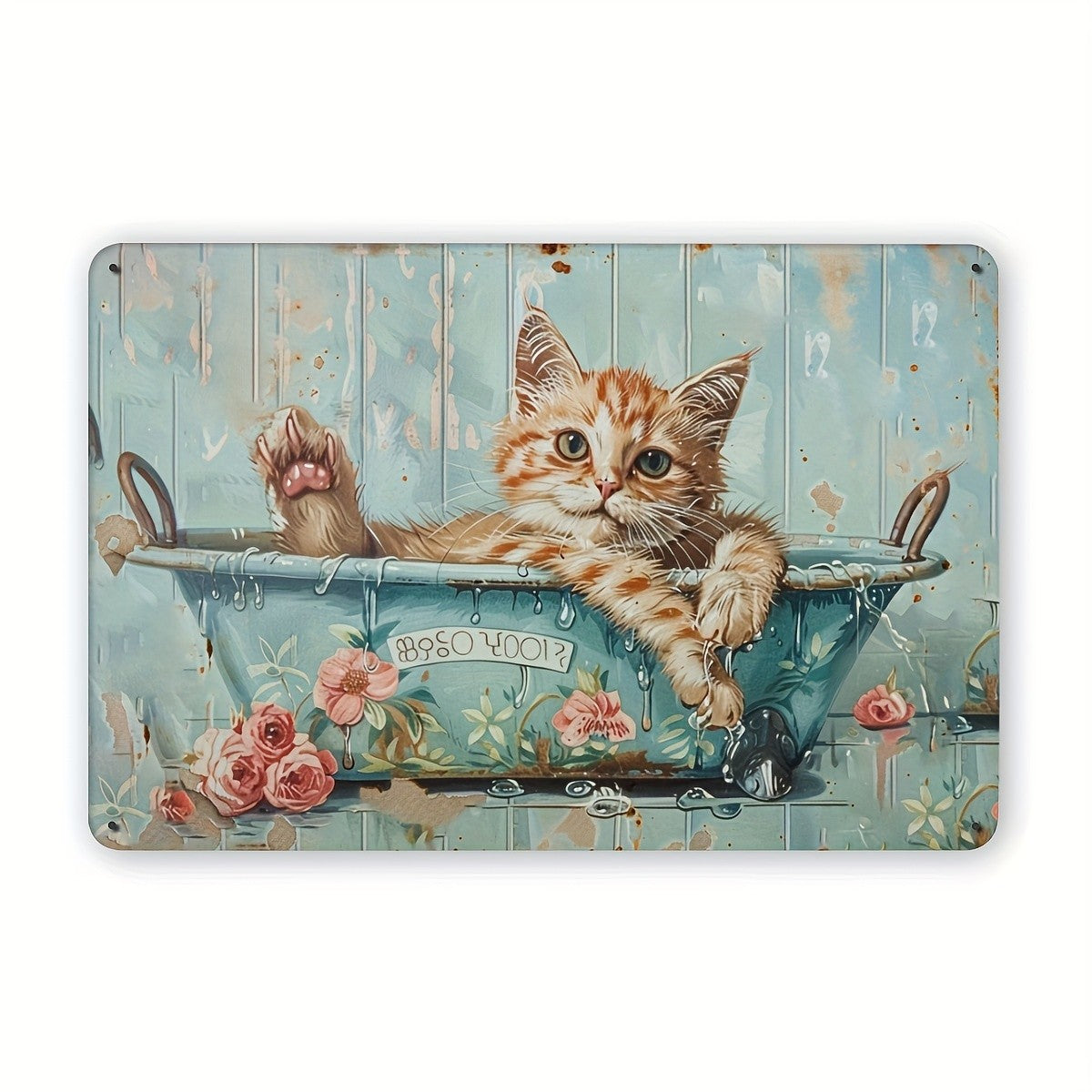 Bathing Cat Metal Sign - Cute Kitten In Tub Tin Wall Art Decor Plaque