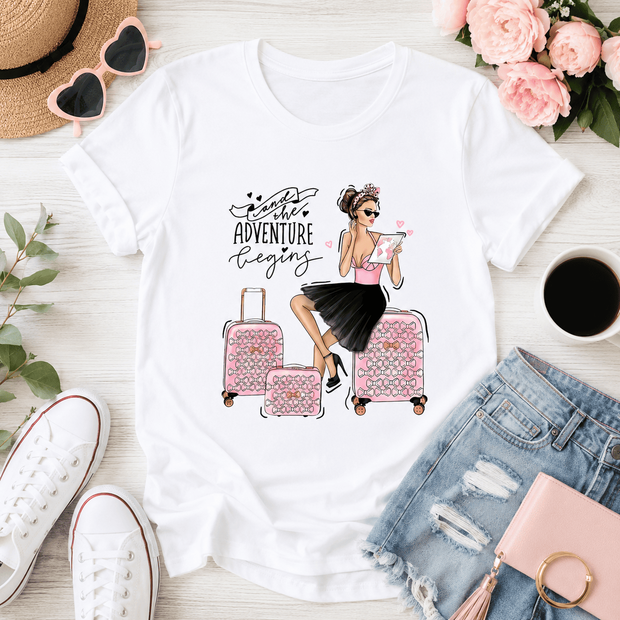 Women Adventure Begins Travel Graphic T-Shirt Suitcase Print Casual Tee