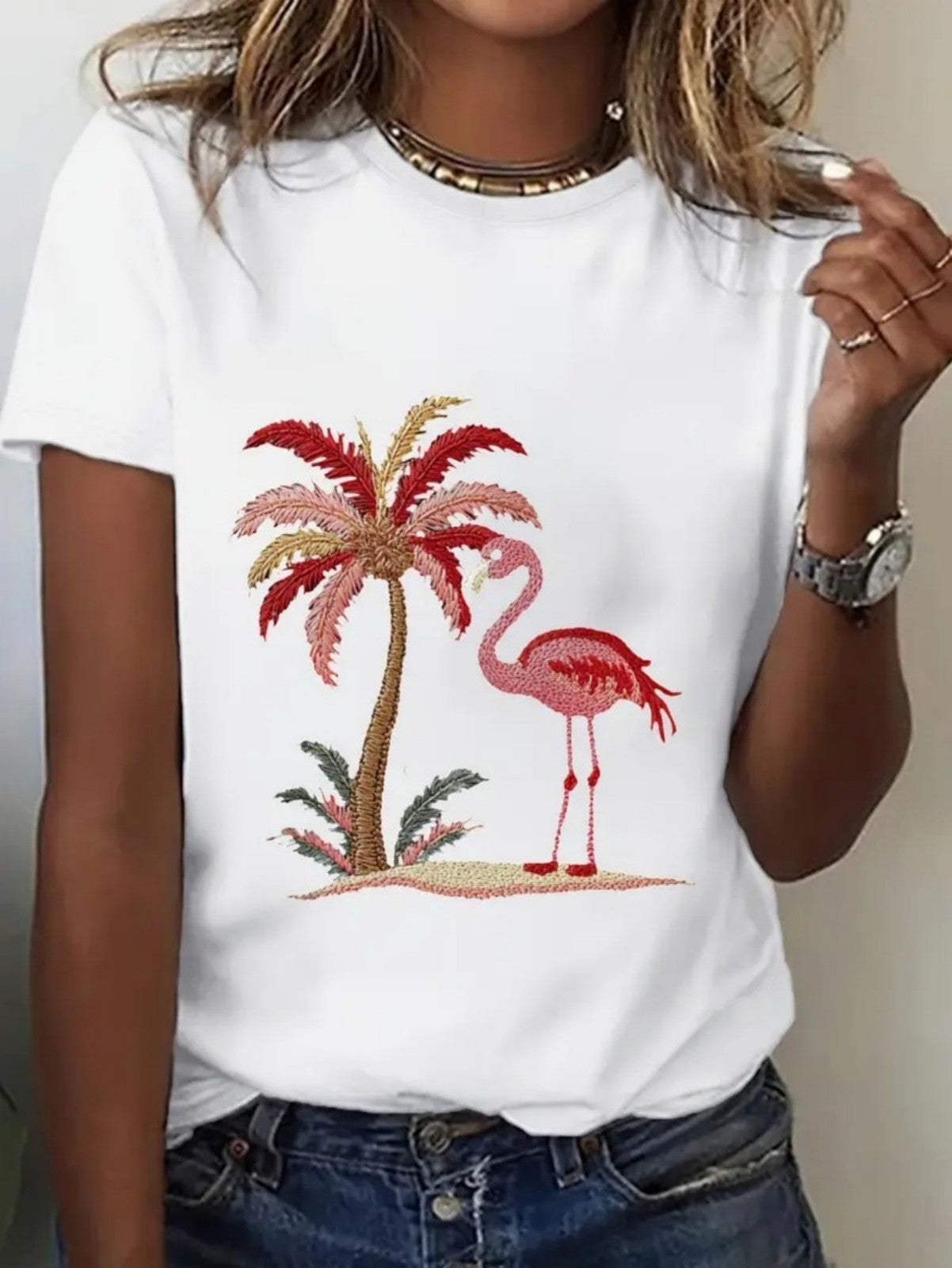 Women's Flamingo Palm Tree Tropical Beach Graphic T-Shirt Summer Casual Tee