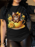Women Cute Kitten Teacup Graphic T-Shirt Floral Cat Lover Casual Crew Neck Tee