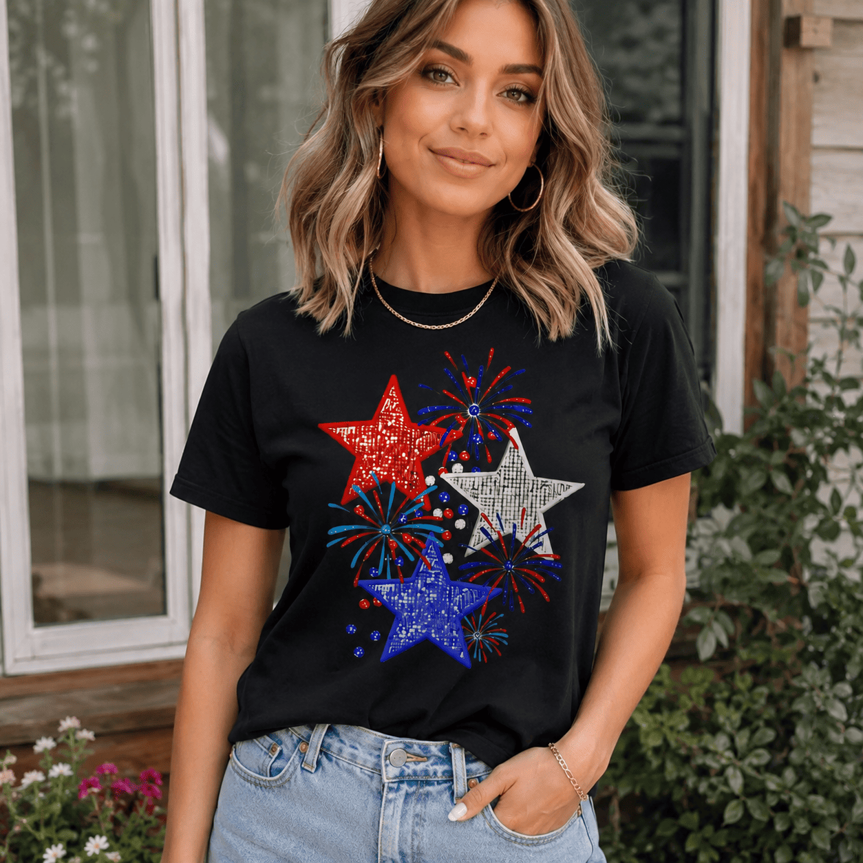 Patriotic Red White & Blue Stars T-Shirt Bling Firework Celebration Graphic Tee