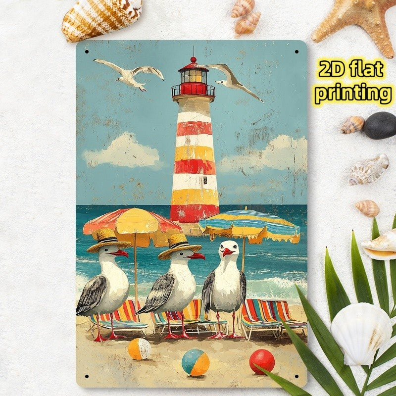 Nautical Seaside Tin Sign - Funny Seagull Metal Poster Wall Art Decor Plaque