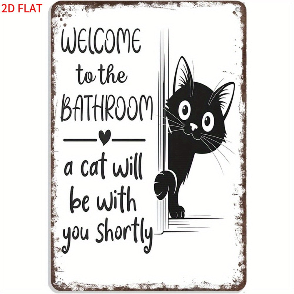 Welcome To The Bathroom Tin Sign Vintage Metal Black Cat Wall Decor Funny Gift