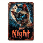 "Fright Night" Metal Sign - Halloween Cat Tin Wall Art Decor Plaque