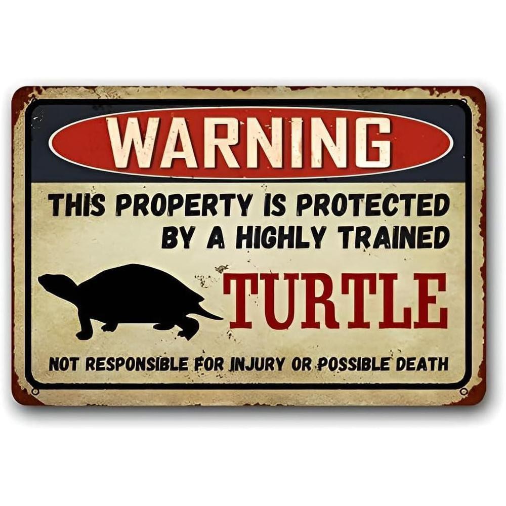 Protected By Turtle Tin Sign Funny Property Security Warning Metal Wall Decor